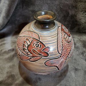 Douglas Lopez Aleyda Cano Studio Nicaragua Pottery Vase Asian Fish Motif Signed